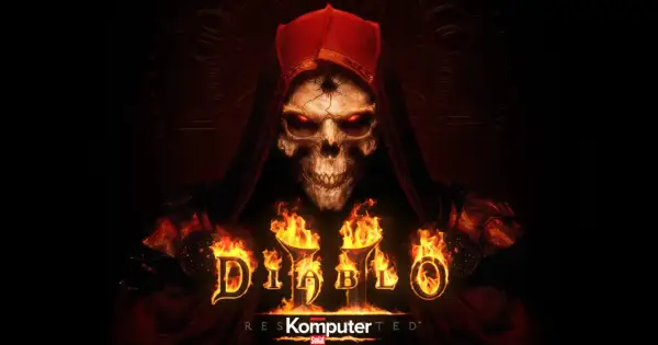 Diablo II Resurrected: przerażająca czaszka w czerwonym kapturze, płomienie i mroczne symbole.