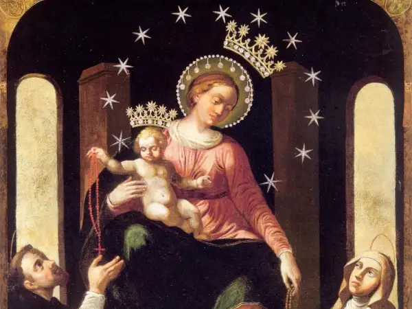 Matka Boska Pompejańska, historia objawień i modlitwy różańcowej. Dzieciątko Jezus trzyma różaniec, a postacie klęczą w adoracji.