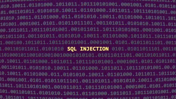 Code binaire avec le terme "SQL INJECTION" en surbrillance, signalant une vulnérabilité potentielle.