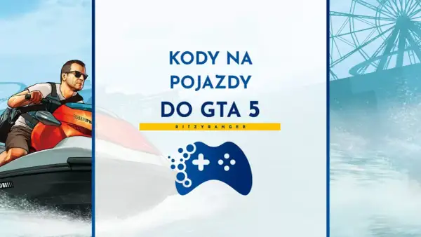Kody na pojazdy do GTA 5. Mężczyzna na skuterze wodnym, obok symbol pada do gier.