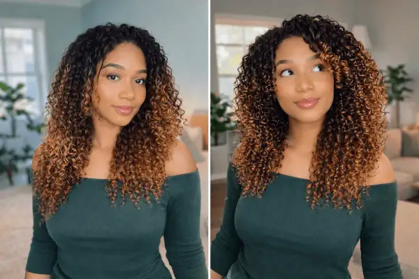 Jeune femme avec de magnifiques cheveux fins bouclés, dégradé de brun à blond miel, portant un haut vert émeraude.