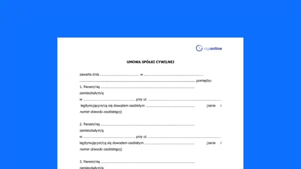 Formularz umowy spółki cywilnej, zawierający dane osób tworzących reprezentację spółki cywilnej.