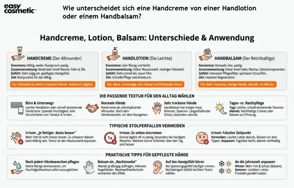 Handcreme, Lotion, Balsam: Unterschiede & Anwendung. Tipps für die richtige Pflege, auch zum Handcreme selber machen.