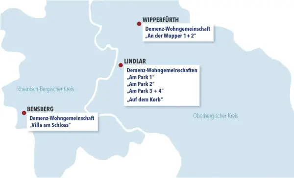 Karte zeigt Demenz-Wohngemeinschaften in Wipperfürth, Lindlar und Bensberg. Informieren Sie sich über Veranstaltungen heute im Oberbergischen Kreis.