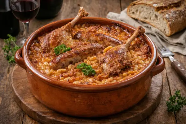 Un plat de cassoulet maison, riche et savoureux, avec des confits de canard et des saucisses, servi dans une cocotte en terre cuite.