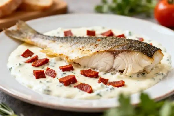Dos de cabillaud au chorizo, une recette du Carnet de Julie, servi sur une sauce crémeuse aux herbes et parsemé de dés de chorizo.