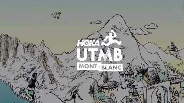 Dessin stylisé de coureurs et d'un parapentiste dans un paysage montagneux, avec le logo UTMB Mont-Blanc. Le nombre de participants à l'UTMB est impressionnant.