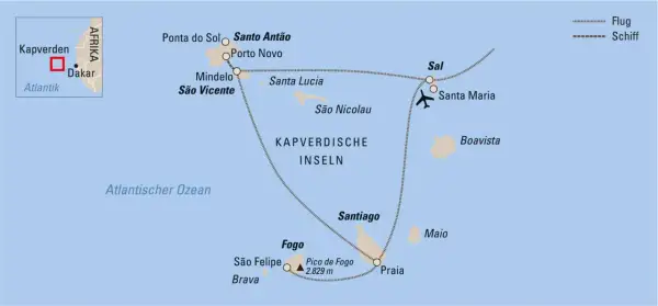 Karte der Kapverdischen Inseln mit Routen für Flug und Schiff. Ideal für Kapverden Backpacking.