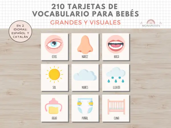 Tarjetas vocabulario infantil para imprimir: ojos, nariz, boca, sol, nubes, lluvia, agua, pañal, cuna.