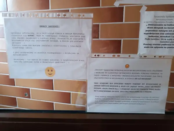 Sąsiad informuje o remoncie i hałasie. Prosi o wyrozumiałość i przeprasza za niedogodności.