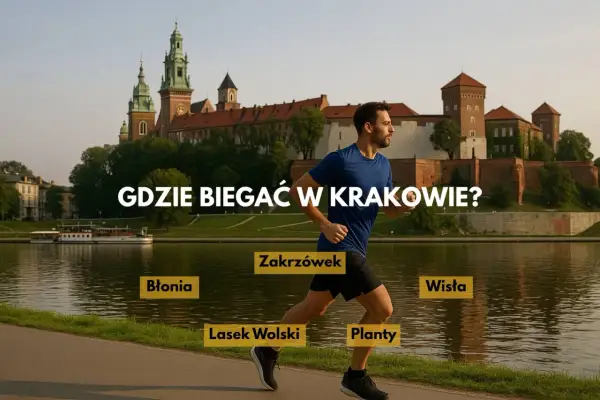 Mężczyzna biegnie nad Wisłą w Krakowie, obok Wawelu. Na ekranie widnieje napis "Gdzie biegać w Krakowie?" oraz nazwy miejsc: Błonia, Zakrzówek, Lasek Wolski, Planty.