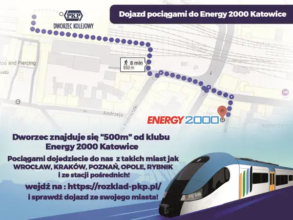 Mapa z trasą pieszą z dworca PKP Katowice do klubu Energy 2000. Dojazd pociągiem z wielu miast.