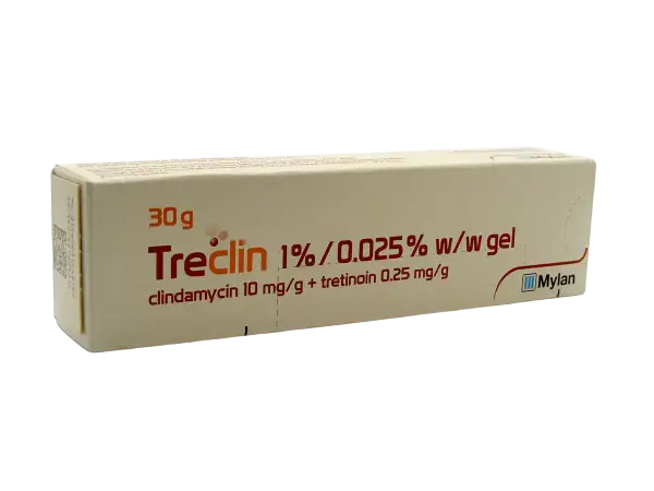 Opakowanie żelu Treclin z klindamycyną i tretinoiną, 30g. Pomaga w walce z trądzikiem.