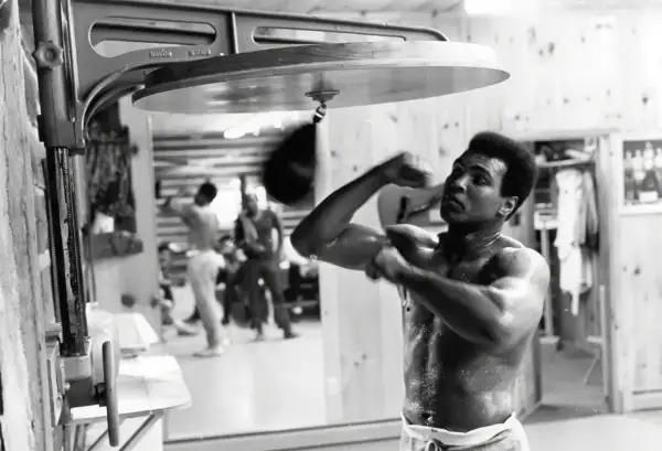 Muhammad Ali trains with a speed bag, sweat glistening on his skin, a testament to the dedication behind his many achievements.