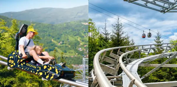 Ojciec z córką zjeżdżają na letnim rollercoasterze w Szczyrku, a w tle widać kolejkę gondolową.