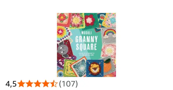 Copertina di un libro con tanti colorati motivi all'uncinetto, tra cui un arcobaleno e un leone, tutti con la tecnica granny square.