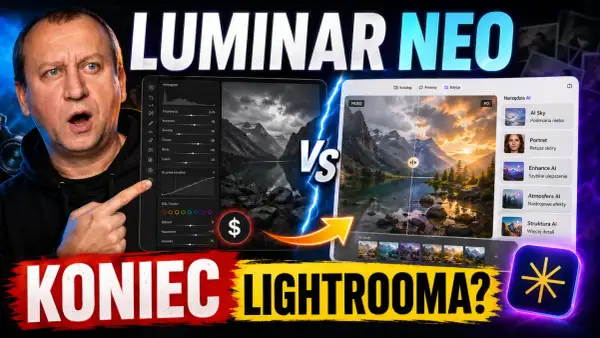 Mężczyzna z zaskoczoną miną porównuje edycję zdjęć w programie **Luminar** Neo z innym narzędziem, sugerując koniec Lightrooma.