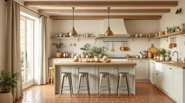 Cuisine chaleureuse avec sol en tomettes rouges. Les tons crème et bois clair s'associent parfaitement, créant une ambiance douce.