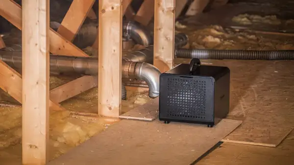 Svart avfuktare krypgrund placerad bland träbjälkar och isolering, med ventilationsrör i bakgrunden.