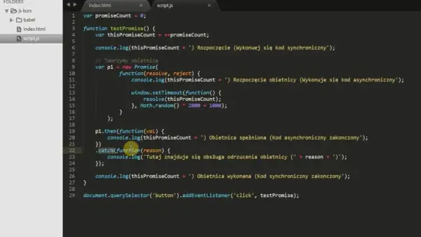Kod JavaScript z wykorzystaniem ecmascript 6, pokazujący tworzenie i obsługę obietnic (Promises) w celu zarządzania operacjami asynchronicznymi.