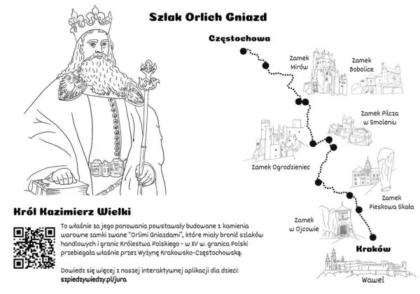 Król Kazimierz Wielki zaprasza na trasę Szlaku Orlich Gniazd. Mapa pokazuje drogę przez zamki: Mirów, Bobolice, Ogrodzieniec, Pilcza, Pieskowa Skała, Ojcowski i Wawel.