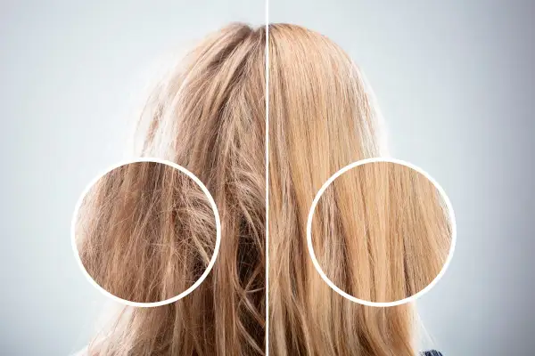 Cabello dañado y seco vs. cabello suave y brillante. El aceite de coco para el pelo transforma el aspecto, dejando las hebras sedosas.