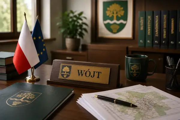Biurko wójta z tabliczką "WÓJT", flagami Polski i UE, mapą i dokumentami. Zastanawiasz się, ile zarabia wójt?