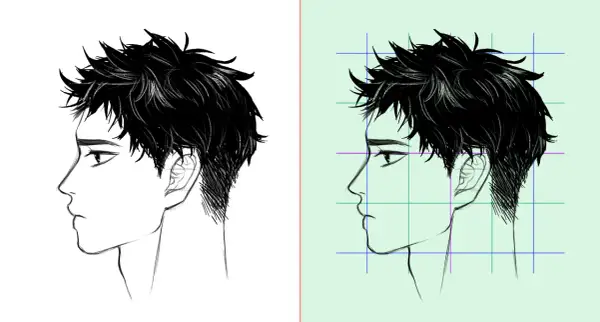 Dos dibujos de perfil de un chico con pelo negro despeinado. Uno sobre fondo blanco, el otro con dibujos en cuadricula de guía.