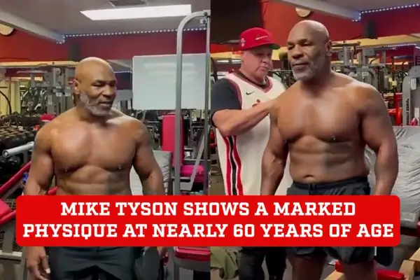 Mike Tyson's impressive physique at nearly 60 years old is on full display in a gym setting. His muscular build shows his continued dedication to fitness.