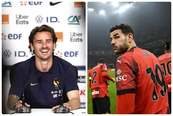 Uśmiechnięty Griezmann i Theo Hernández, być może najładniejszy piłkarz na świecie, w czerwonej koszulce.