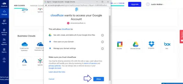 CloudFuze requests access to your Google Account to transfer OneDrive to Google Drive. Click "Allow" to grant permissions.