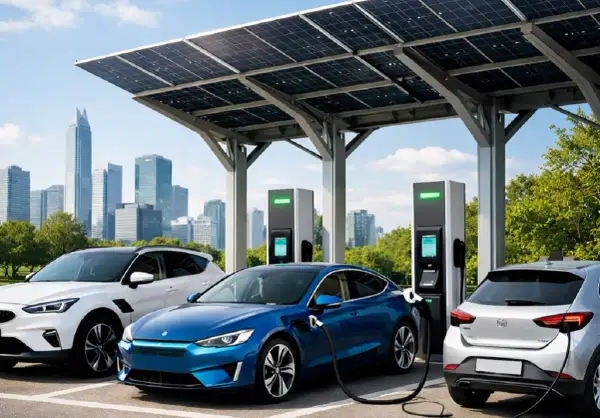 Auto elettriche in carica sotto pannelli solari, un'immagine del futuro dell'energia pulita.