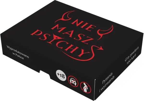 Czarna gra "Nie masz psychy" z czerwonymi rogami diabła i napisem. To zabawa w pytania i wyzwania, zawiera 100 kart, od lat 18.