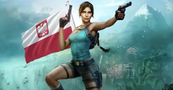 Lara Croft z polską flagą i pistoletami, gotowa na przygodę w dżungli. Wygląda jakby ścigała latającego dzika.