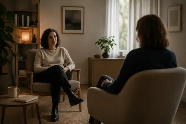 Due donne in poltrone, in un ambiente accogliente, durante sedute di psicoterapia. Una ascolta attentamente, l'altra è di spalle.