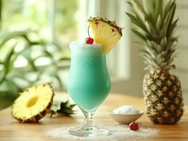 Niebieski, orzeźwiający malibu pina colada z ananasem i wiśnią, otoczony owocami i kokosową posypką. Idealny na wakacje!