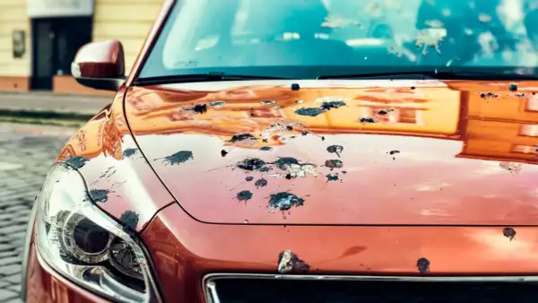 Vogelkot entfernen hausmittel: Die Motorhaube eines orangefarbenen Autos ist mit vielen dunklen Flecken übersät.