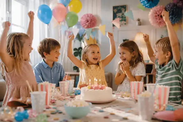Glada barn med ballonger och tårta. Perfekt barnkalas inspo för en lyckad fest!