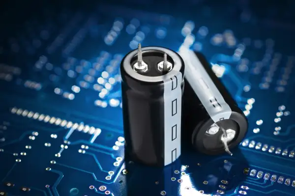 Dwa czarne kondensatory elektrolityczne na niebieskiej płytce drukowanej. Kondensator co to? To kluczowy element elektroniczny.