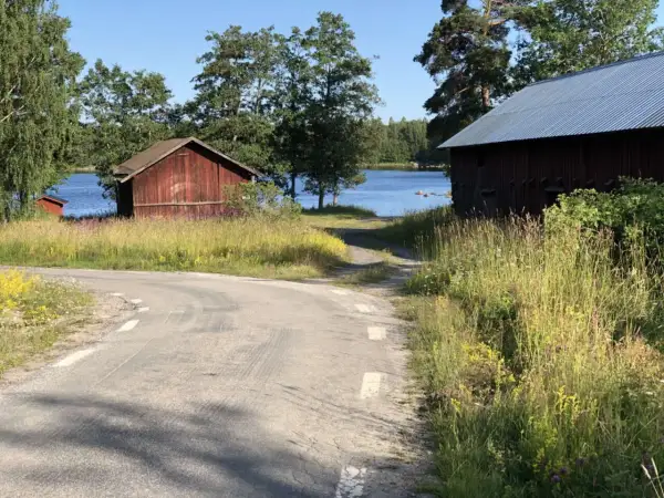 Väg leder mot Långvinds bruk med röda byggnader vid en sjö. Sommarängar och träd.