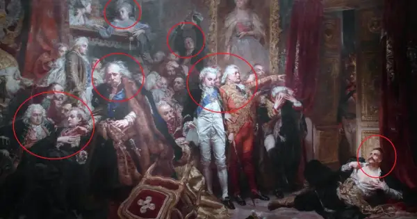 Obraz "Rejtan. Upadek Polski" Jana Matejki. Wskazane postacie, w tym Rejtan, ukazują dramatyzm wydarzeń.