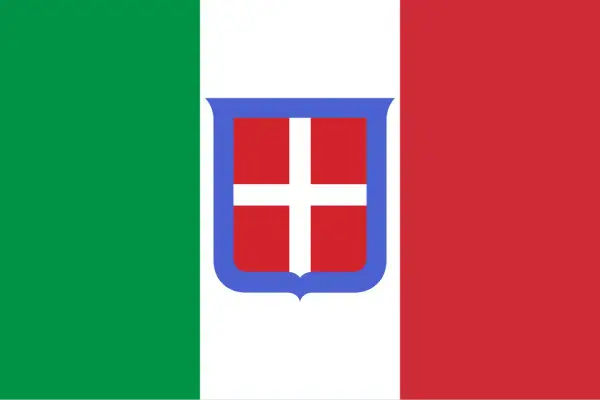 Flag of Italy with the Savoy coat of arms in the center.