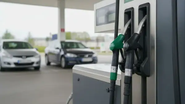 Dwa dystrybutory paliwa: jeden z zieloną końcówką (prawdopodobnie diesel), drugi z czarną (benzyna). W tle samochody na stacji.