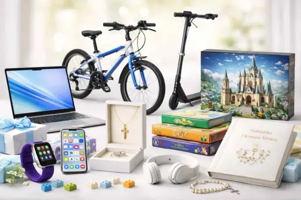 Różnorodne prezenty komunijne: rower, hulajnoga, laptop, smartfon, zegarek, biżuteria, gry, słuchawki, pamiątka.