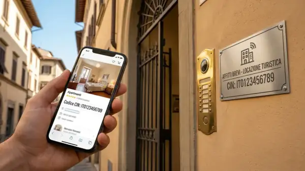 Smartphone mostra un appartamento per affitti brevi. La targa sul muro indica "Affitti Brevi - Locazione Turistica" e il codice CIN, facilitando la comunicazione condominio.