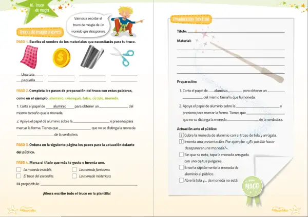 Página de ejercicios de lectura comprensiva 2 primaria para aprender un truco de magia con una moneda.