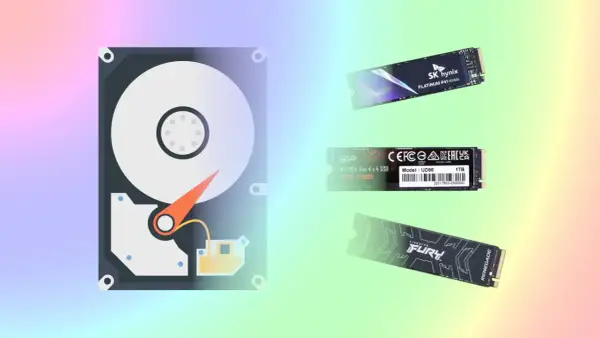 Klonowanie dysku za pomocą Macrium Reflect: dysk HDD i trzy dyski SSD M.2 na tęczowym tle.