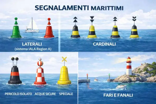 Segnalamenti marittimi: boe laterali, cardinali, pericolo isolato, acque sicure, speciali, fari e fanali. Una barca a **solo vela** naviga tra le boe.