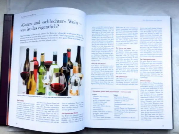 Flaschen mit Wein und Gläser, die eine Wein-Bewertung illustrieren.