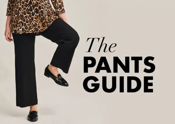 Kobieta w czarnych spodniach plus size i bluzce w panterkę, obok napis "The PANTS GUIDE".